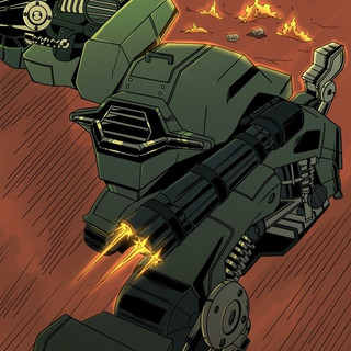 Graphic design art services that resulted in a comic book cover that depicts a humanoid robot running in battle