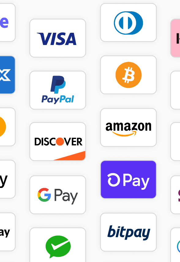 Payment options: Stripe, VISA, Klarna, Amex, PayPal, Bitcoin, Ethereum, Master Card, Discover, Amazon, Apple Pay, Google Pay, Skrill, Alipay, Bitpay, and FB Pay.