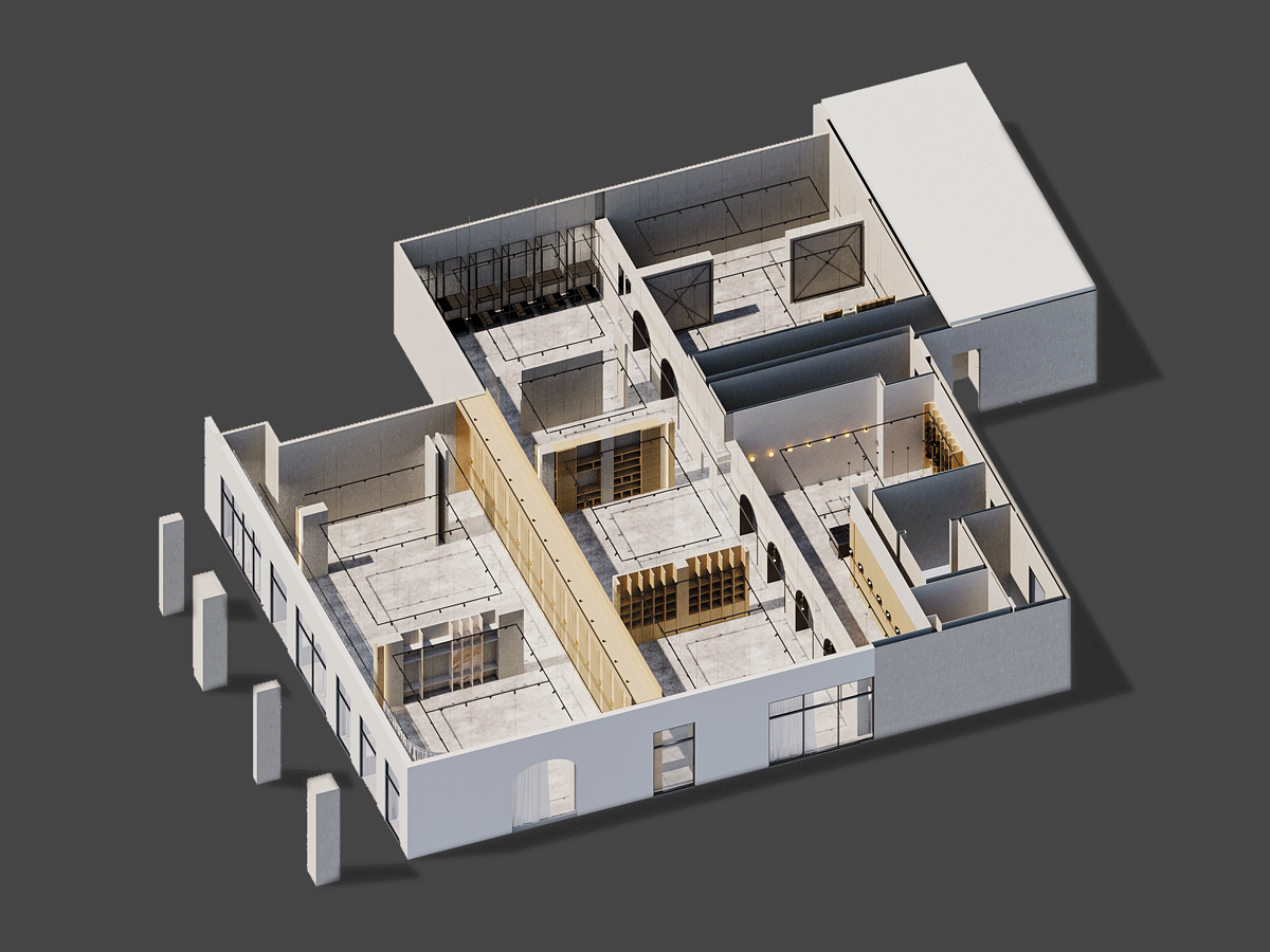 an isometric view of a building with a black background