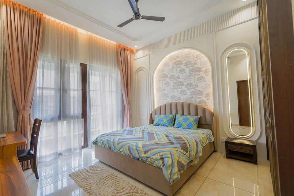 Luxury Modern Bedroom with Upholstered Bed and Arched Accent Wall