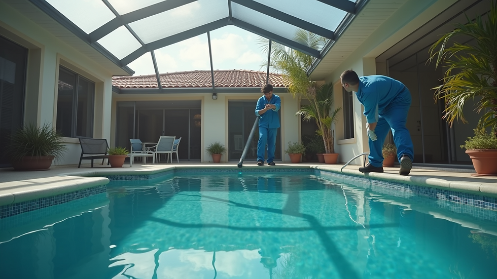 High angle view of professional repairing pool screen enclosure