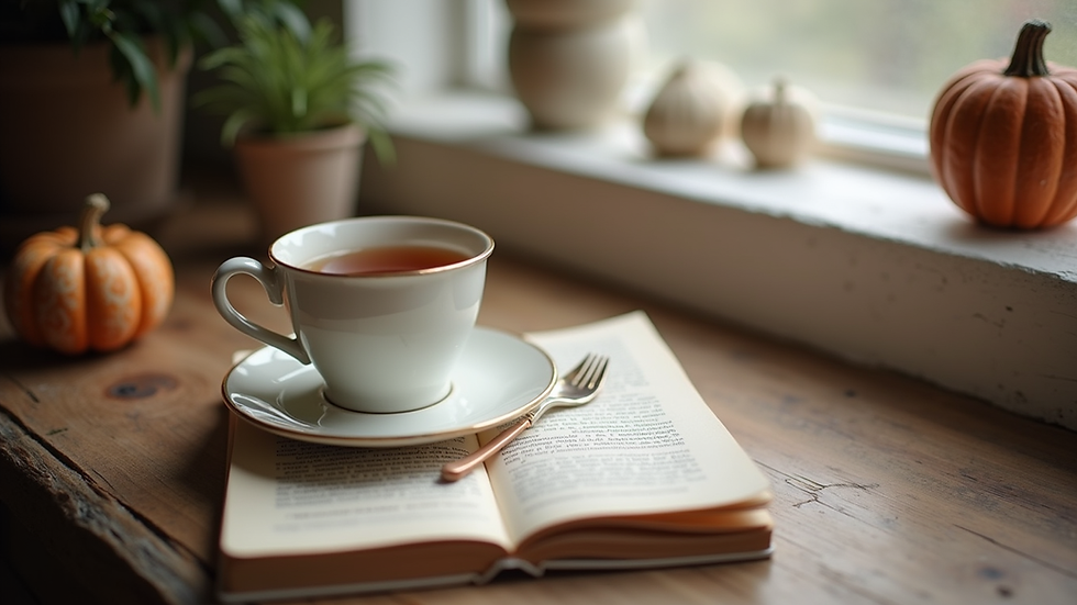 Eye-level view of a cozy morning nook with a journal and cup of tea
