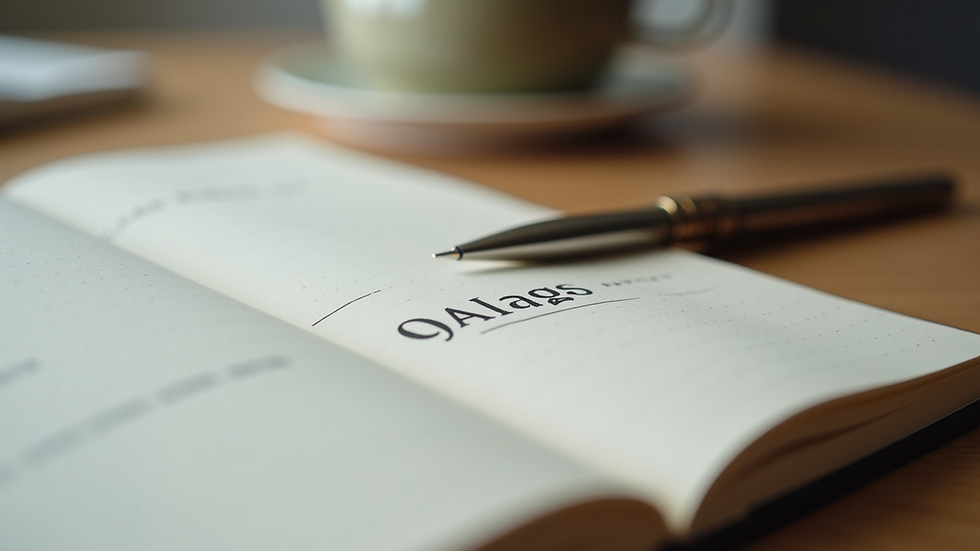 Close-up view of a journal and pen on a wooden table, symbolizing reflection and goal setting