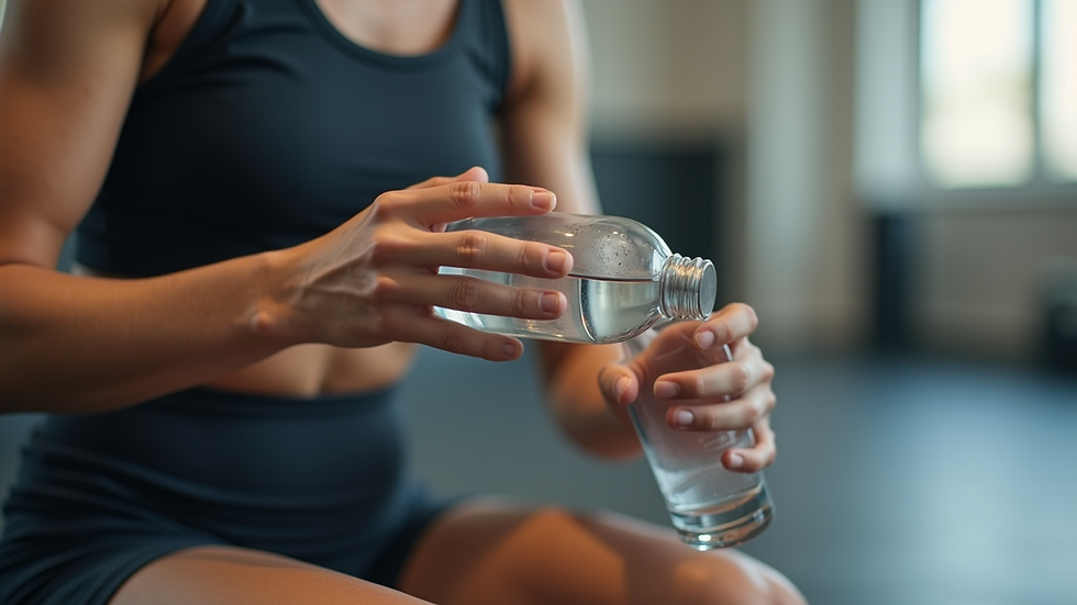 Close-up view of a person’s hands holding a water bottle during a workout