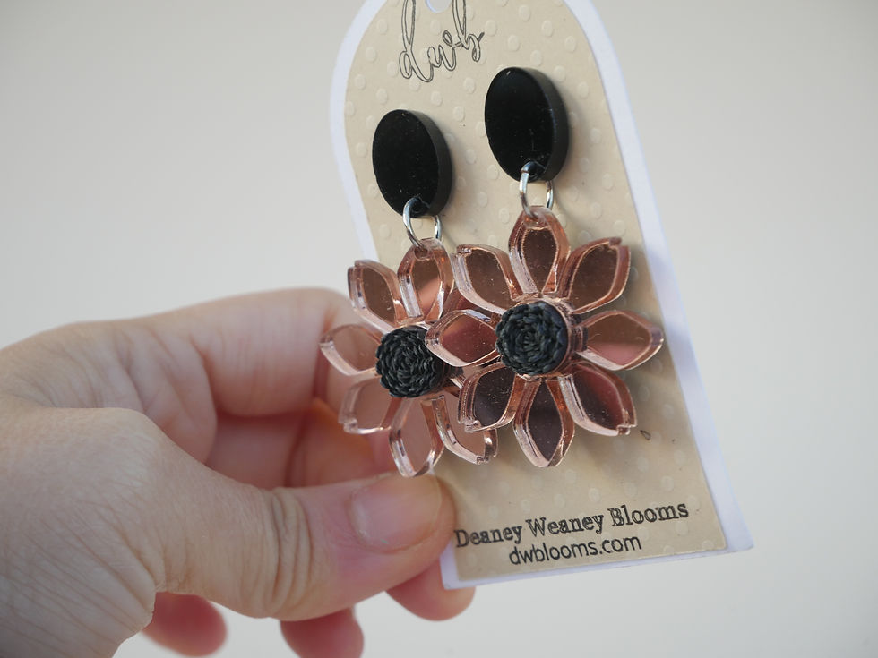 Thumbnail: Black & Pink Daisy Earrings with Quilled Paper Center | Rose Gold Mirror & Black