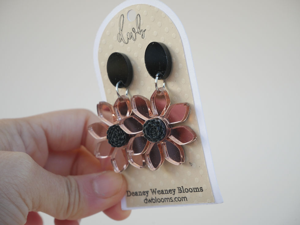 Thumbnail: Black & Pink Daisy Earrings with Quilled Paper Center | Rose Gold Mirror & Black