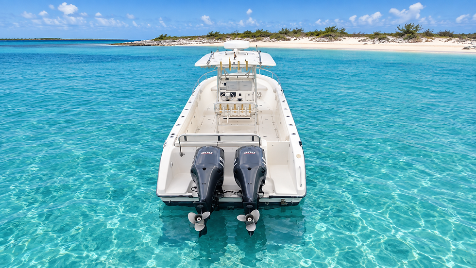 Motorboat anchored in clear turquoise tropical water