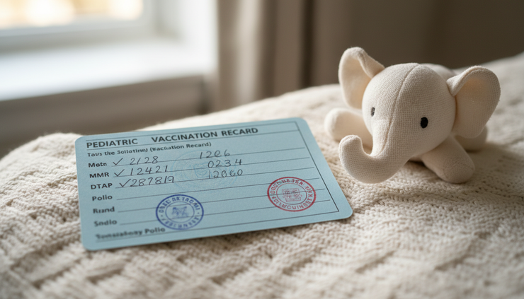 Close-up view of a marked pediatric vaccination card beside a soft baby blanket