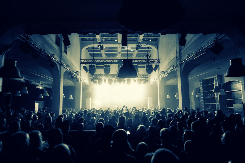 A crowd, in a room, facing a stage and bright lights
