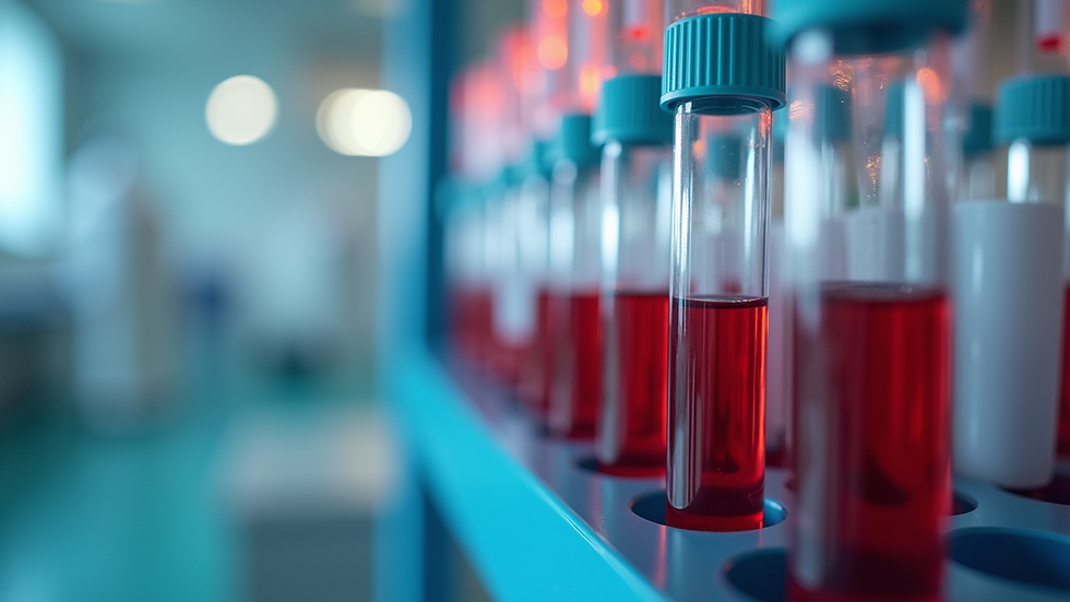 Close-up view of blood test tubes in a medical laboratory