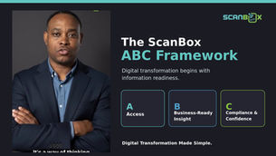 ScanBox presenter introducing the ABC Framework for information readiness, document digitization and governed information management in Jamaica