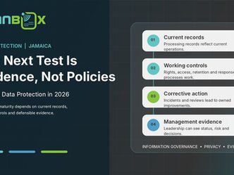 ScanBox Jamaica data protection maturity framework showing current controls, operating evidence, governance oversight and continuous improvement.