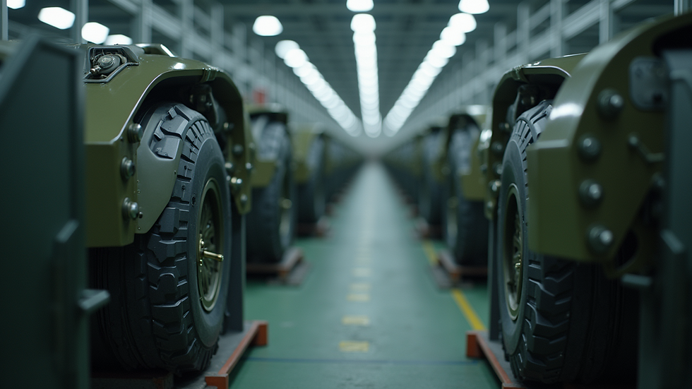 Close-up view of military equipment being assembled in a European defence factory