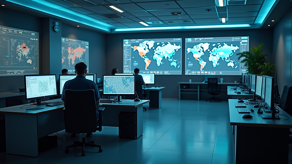 Eye-level view of a modern European defense command center with digital maps