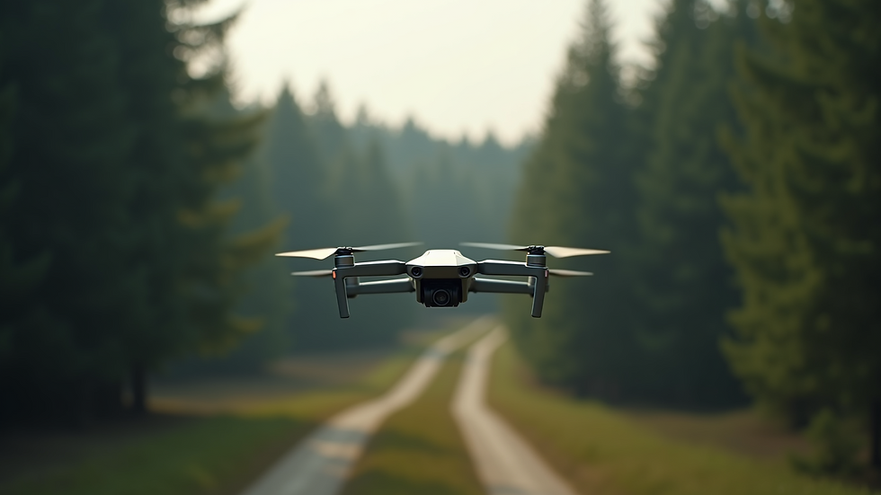 Close-up view of a drone flying over a forested border area
