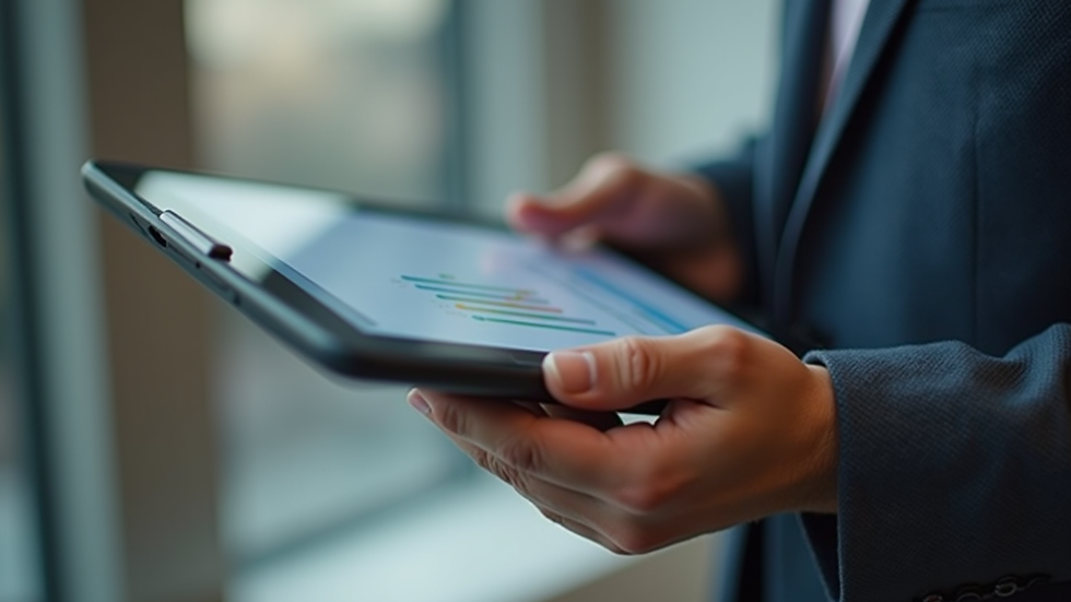Close-up view of a consultant presenting a defense strategy on a digital tablet