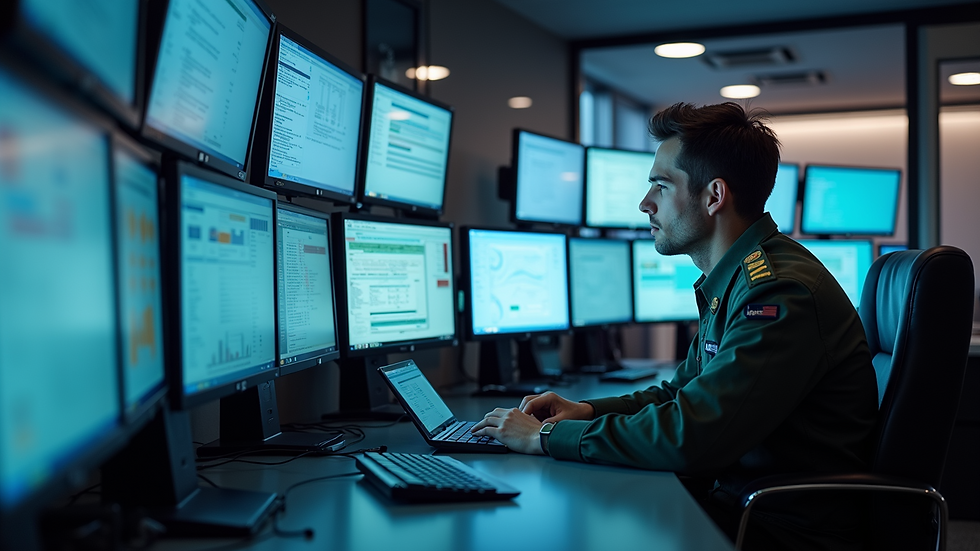 Eye-level view of a modern military command center with digital screens