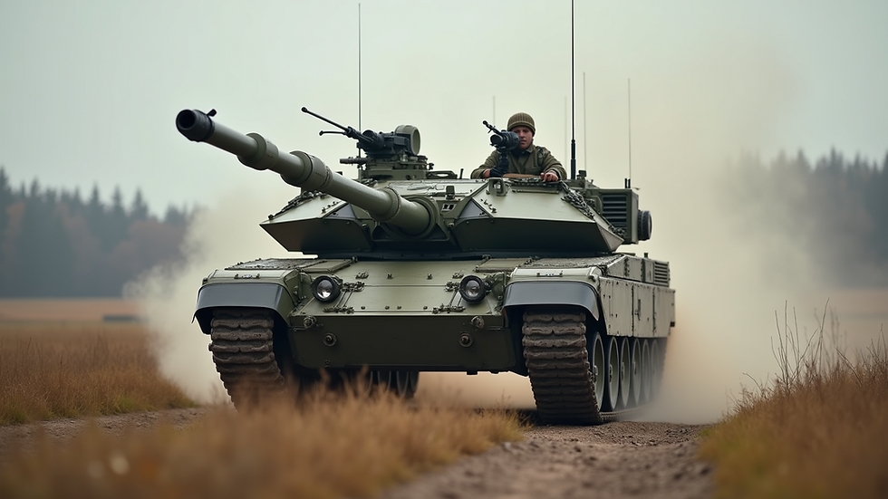 Eye-level view of a modern German Leopard 2 tank on a training ground