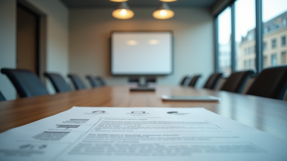 Eye-level view of a modern office meeting room with defence strategy documents on the table