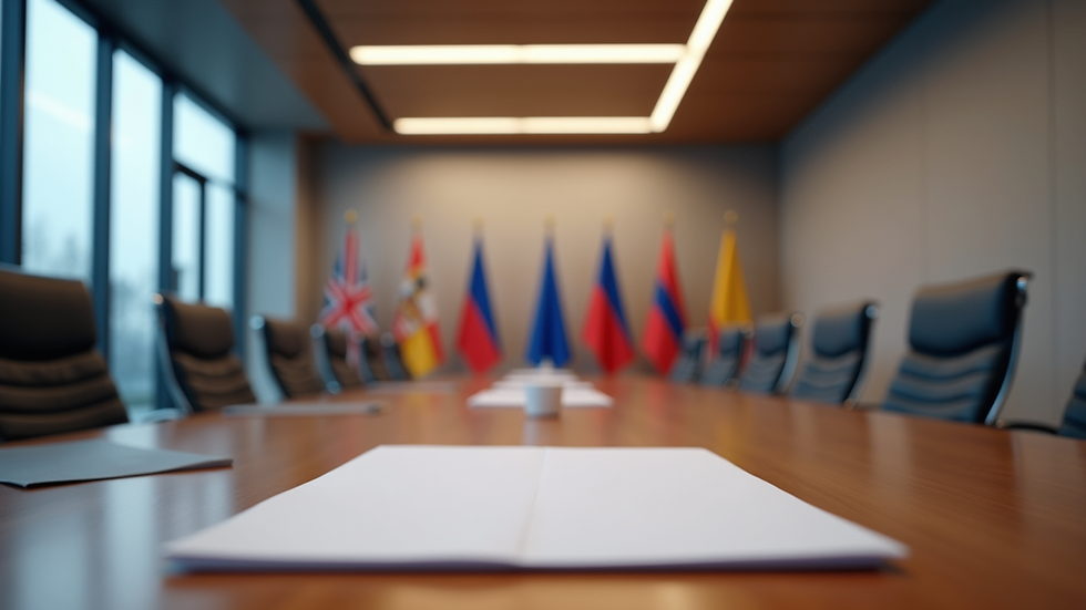 Eye-level view of a European defence meeting room with flags and documents