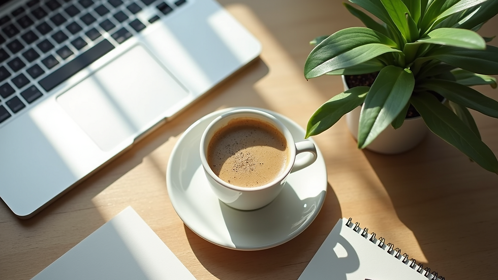 High angle view of a calm workspace with a plant and a cup of coffee