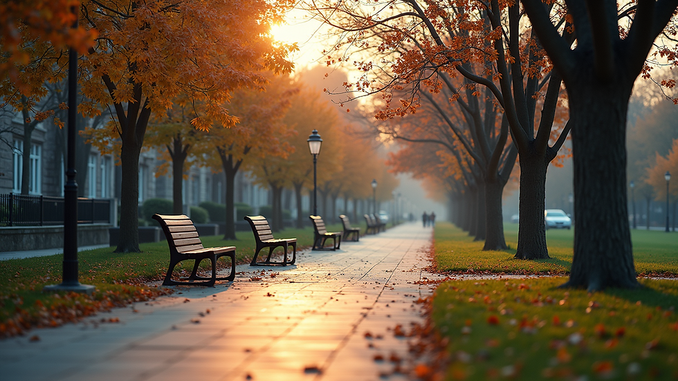 High angle view of a calm city park with benches and trees