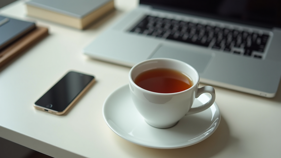 High angle view of a calm workspace with a laptop and a cup of tea, representing balance between work and mental health