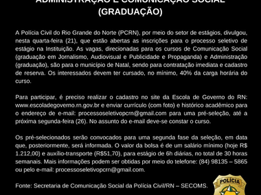 Polícia Civil do RN abre inscrições para estágio; bolsas de R$ 1.212