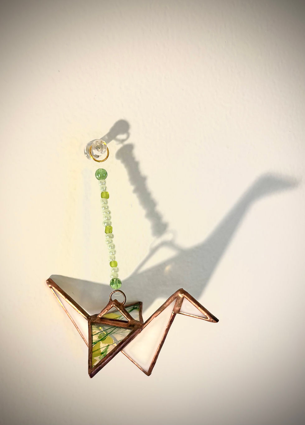 Thumbnail: White and Green Stained Glass Origami Crane Suncatcher, Small