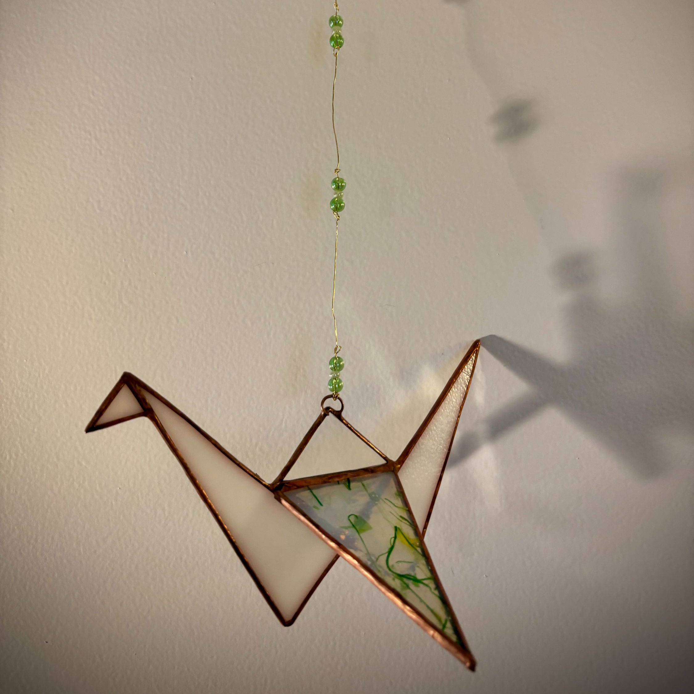 White and Green Stained Glass Origami Crane Suncatcher, Large