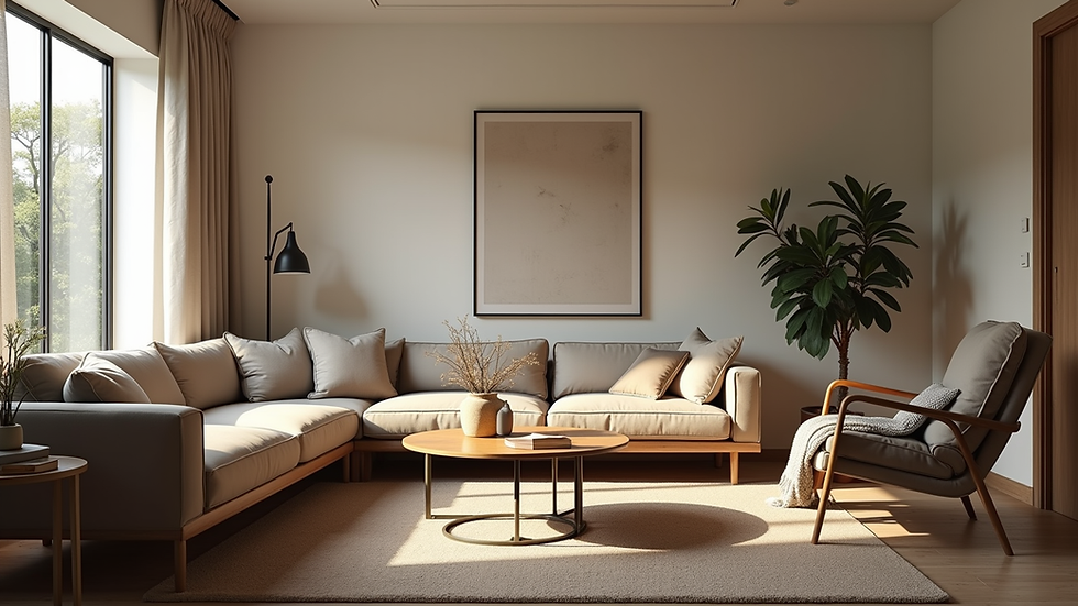 Eye-level view of a cozy living room with a blend of modern and vintage decor