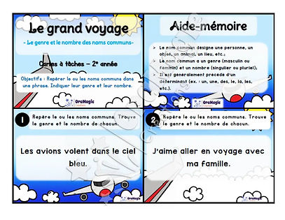 Cartes à tâches - Le grand voyage - Repérer les noms communs et indiquer genre et nombre