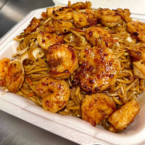 Grilled Shrimp over Lomein Noodles