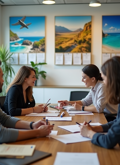 A collaborative office scene featuring diverse team members brainstorming around a table,