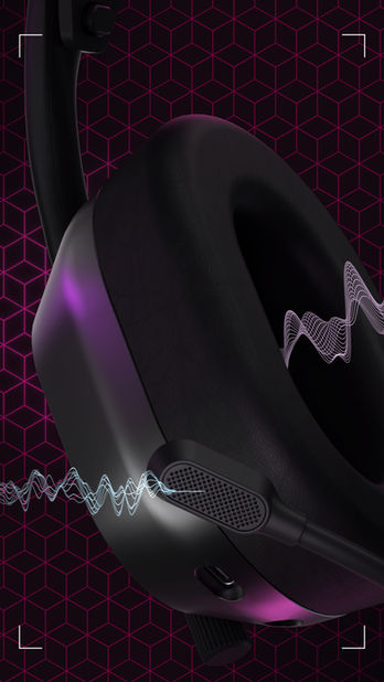 Close-up of the JLab gaming headset ear cup with purple accent lighting
