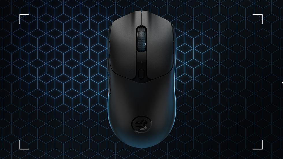 Photorealistic 3D render of a gaming mouse with side buttons and grip texture