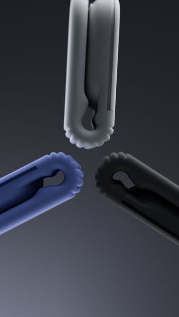 Vertical render of transparent, lavender and black Logitech Mobi Fold mice meeting at a point