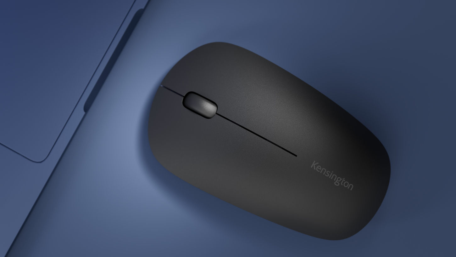 Black Kensington wireless mouse on a blue surface