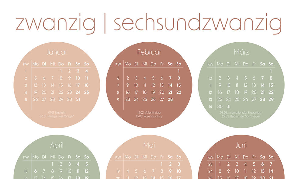 Miniaturbild: ein DIN-A1-Kalenderposter für das Jahr 2026 mit zwölf farbig gestalteten Monatskreisen in warmen Tönen wie Beige, Grün und Te