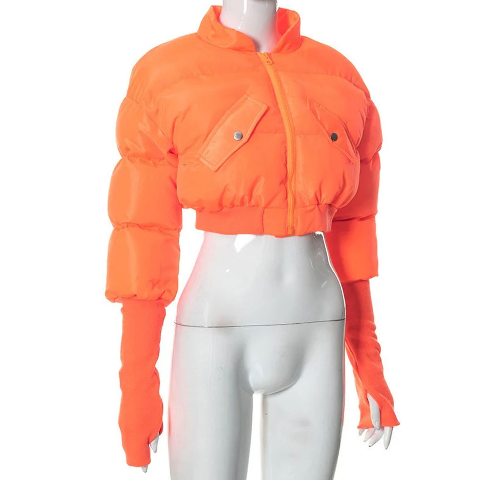 Thumbnail: Cropped puffer jacket with long arm warmers. Gray