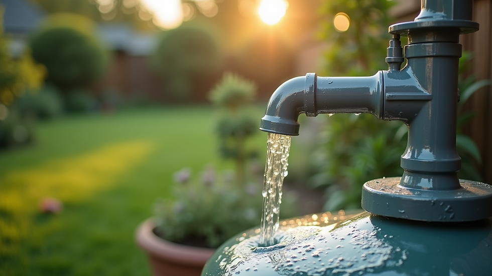 Close-up view of a rainwater harvesting system in a garden