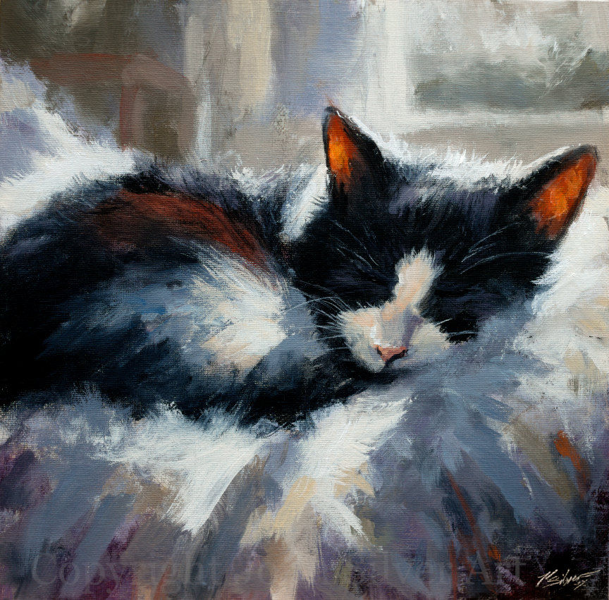 Sleeping Cat Portrait. Original Fine Art Impressionist Painting. 30 x 30 cm