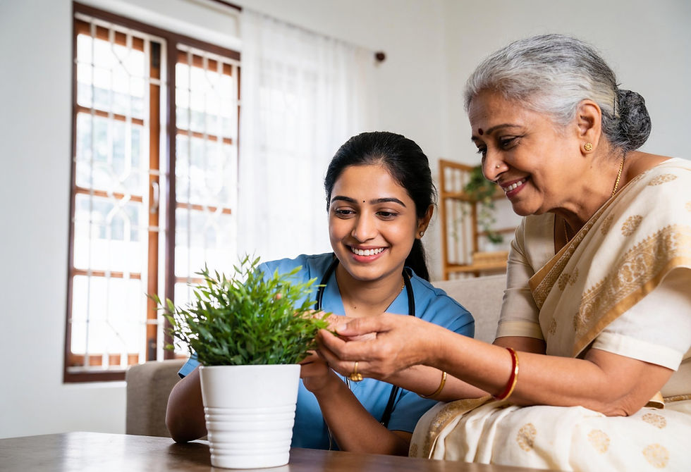 South Asian elder care support: nurse and senior with plant.