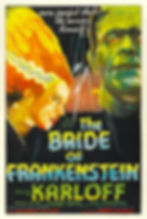 Featured Image For Bride of Frankenstein 1935 Reviewed. Vintage movie poster for "The Bride of Frankenstein" featuring the iconic images of Frankenstein's monster in green hues and his bride with a shock of white hair, against a backdrop of lightning bolts.