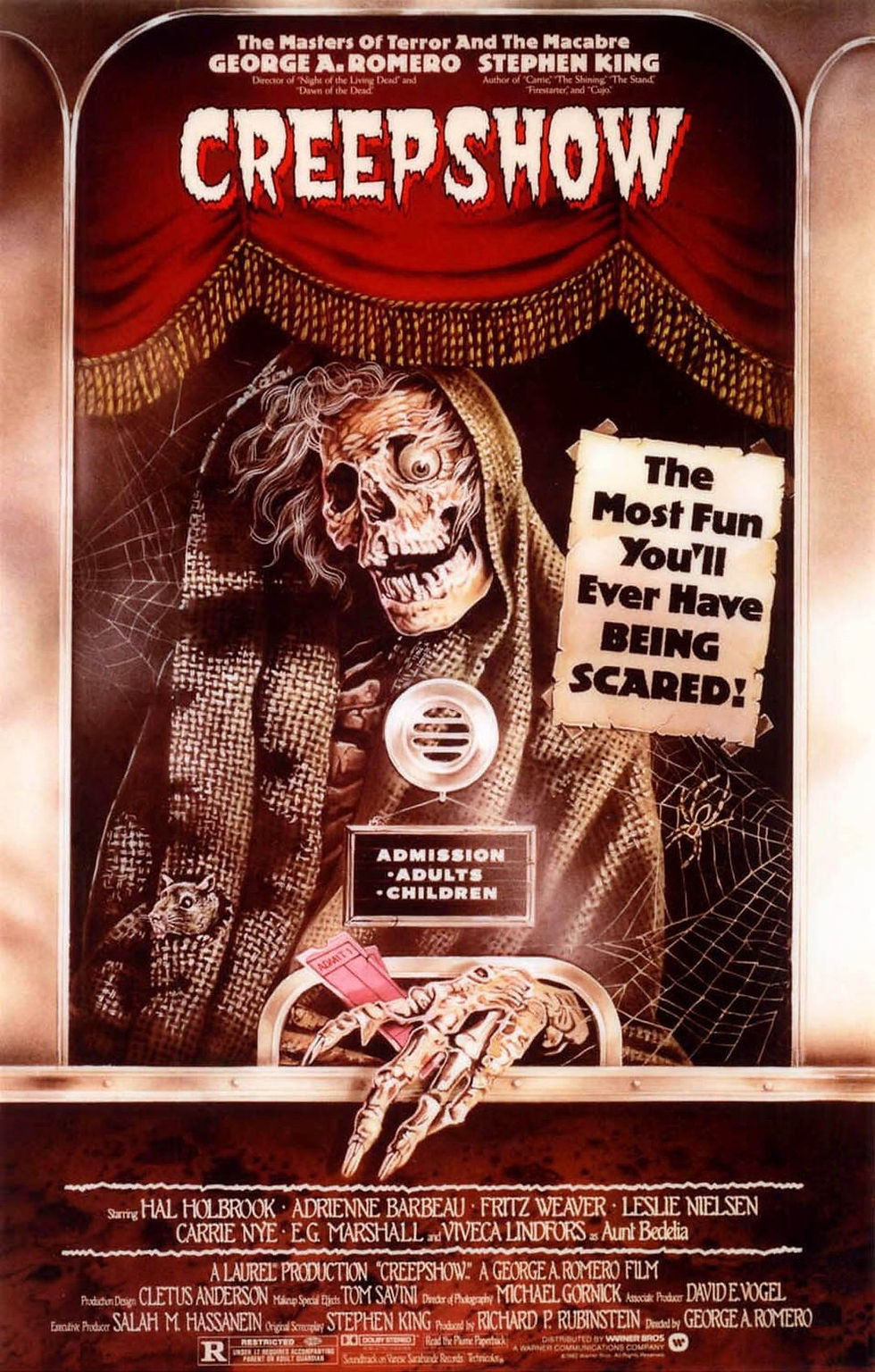 Featured Image For Creepshow 1982 Movie Poster. Poster for Creepshow featuring a skeletal figure at a ticket booth with the tagline "The Most Fun You'll Ever Have BEING SCARED!