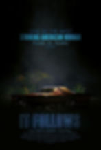 Poster for "It Follows" depicting a vintage car with a person sitting on top, against a dark backdrop with a mysterious fog.
