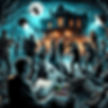 Director orchestrating a horror movie shoot with ghosts and ghouls at a spooky haunted house setting.