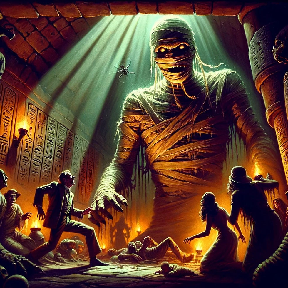 Illustration of an ancient mummy emerging from its sarcophagus in a tomb filled with hieroglyphics, with shafts of light piercing the darkness as adventurers look on in horror.