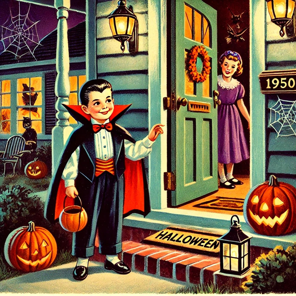 Featured Image For 120 Days Until Halloween- Countdown To Halloween 2024. Young boy dressed as a vampire trick-or-treating at a house on Halloween night.