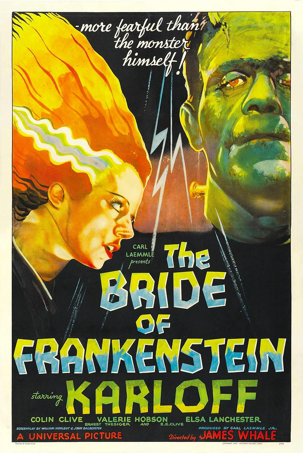 Frankenstein's monster and his bride with electric bolts in the background, promoting "The Bride of Frankenstein"